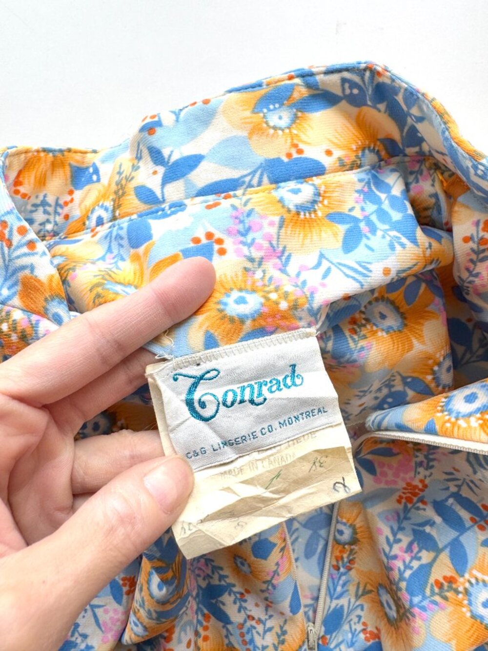Vintage 70's CONRAD Retro Blue Orange Hippie Floral Belted Maxi Dress, Size L - Picture 10 of 11